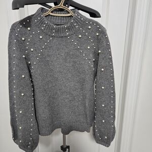 Soaked In Luxury Chic Gray Pearl-studded Women's Sweater